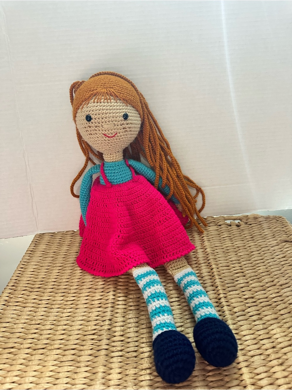 Handmade Crochet Doll in Pink Dress with Teal Top